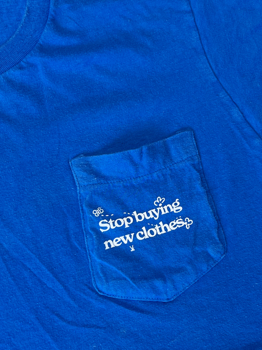 STOP BUYING NEW UPCYCLED CROP TOP (BLUE M/L)