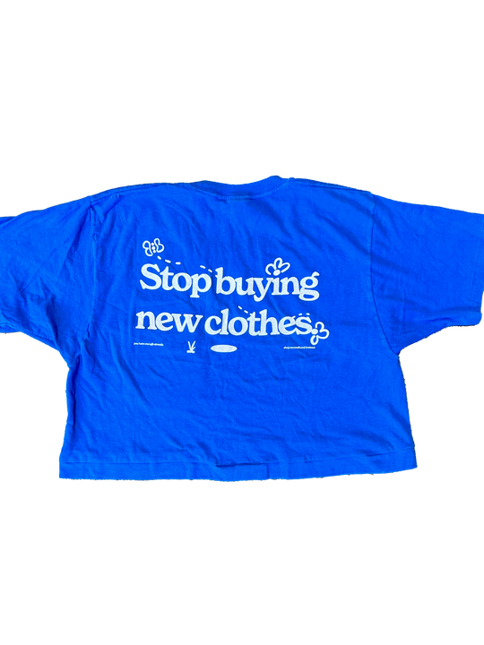 STOP BUYING NEW UPCYCLED CROP TOP (BLUE M/L)