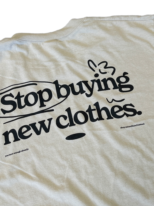 STOP BUYING NEW UPCYCLED TEE (TAN S/M)