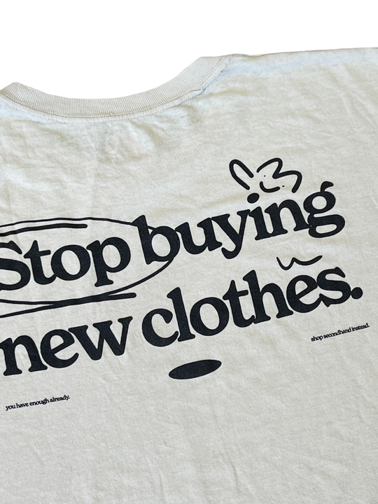 STOP BUYING NEW UPCYCLED TEE (TAN M/L)